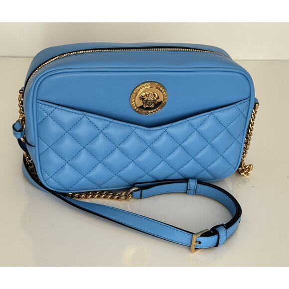 NWT $1275 Versace Quilted Lamb Leather Blue Medium Shoulder Bag 1008828 Italy - Picture 1 of 16